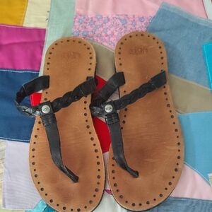 UGG Brown Leather Braided Black Strap Sandals